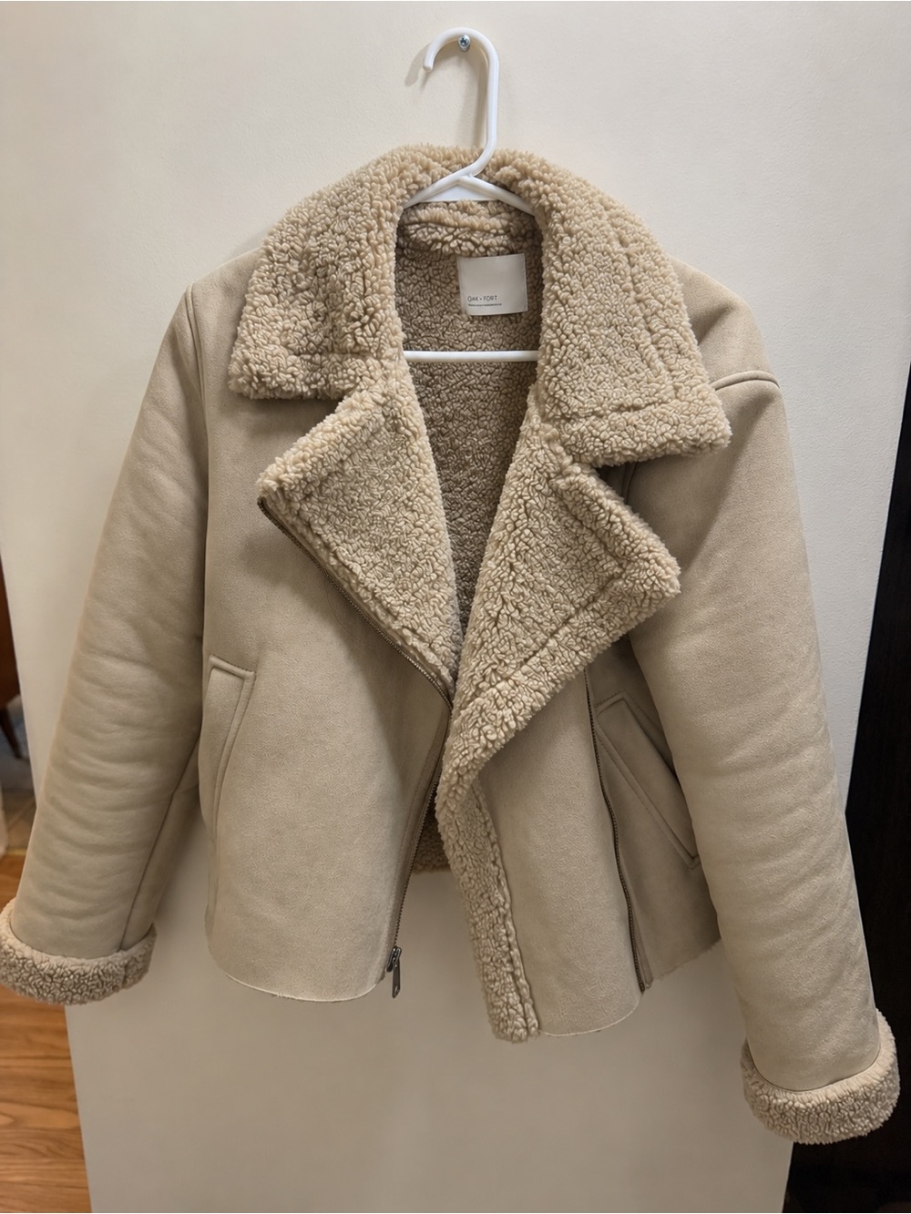 OAK + FORT Cream Faux Shearling Aviator Jacket